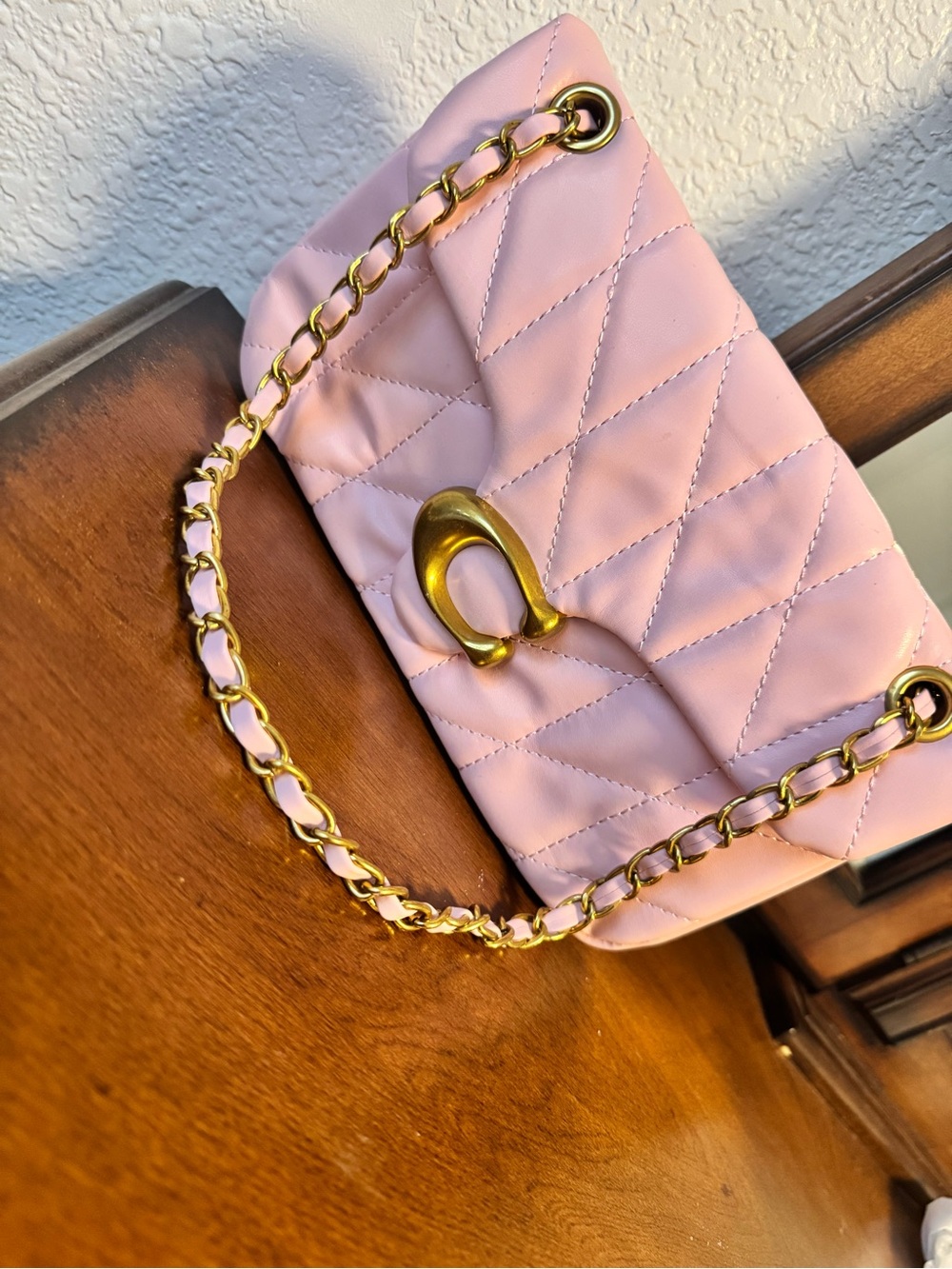 Quilted Pink Chain Shoulder Bag with Gold Hardware